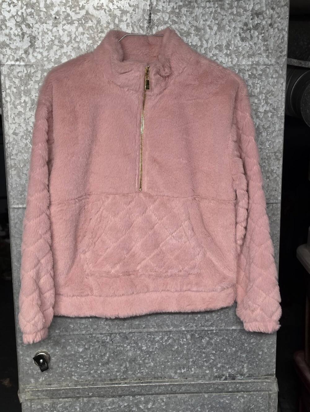 No Boundaries Pink Faux SOFT Fur Quilted 1/2 Zip Mock Neck Sweatshirt Womens XS